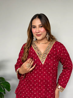 Red Rayon Bandhani Mirrorwork Skirt Set