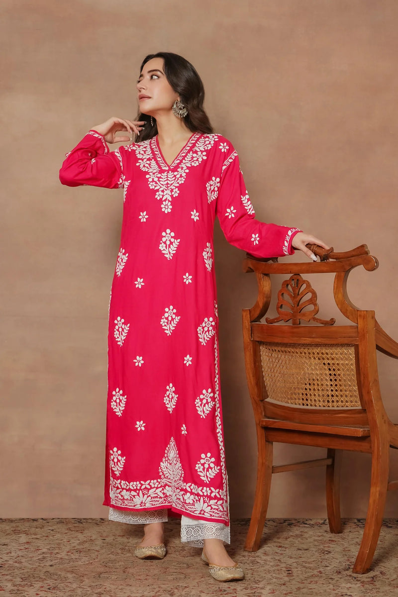 Cotton Blossom Pink Chikankari V-Neck Kurta