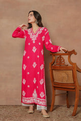 Cotton Blossom Pink Chikankari V-Neck Kurta
