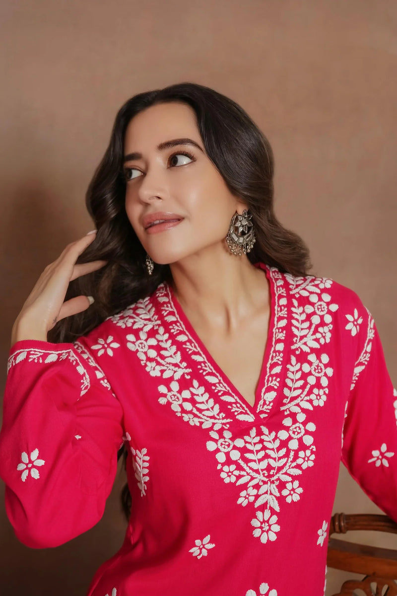 Cotton Blossom Pink Chikankari V-Neck Kurta