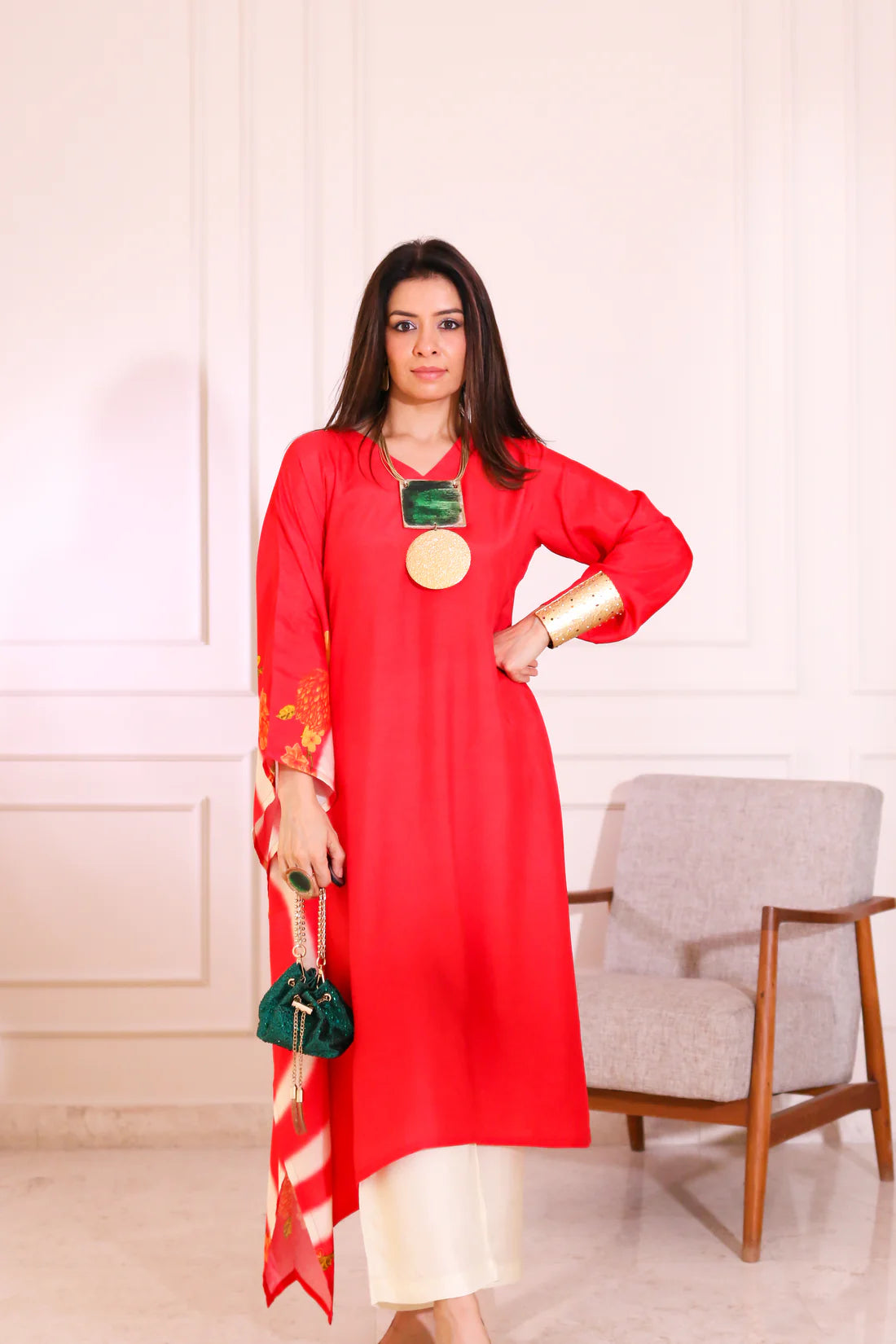 Red kurta and white pant