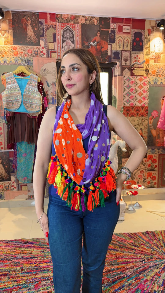 Bandhani Scarf Only Orange & Purple Tassel Edit