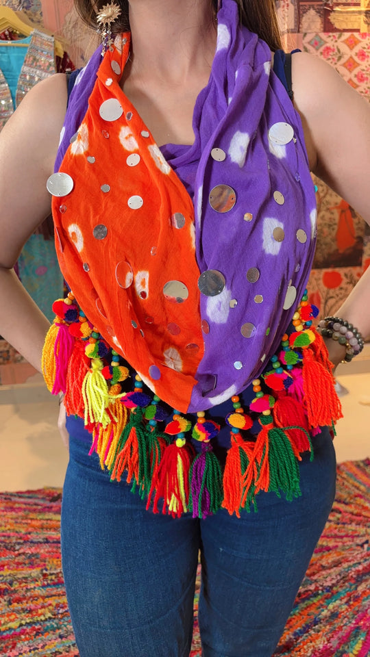 Bandhani Scarf Only Orange & Purple Tassel Edit
