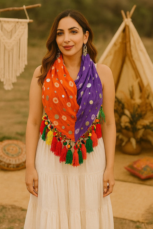 Bandhani Scarf Only Orange & Purple Tassel Edit