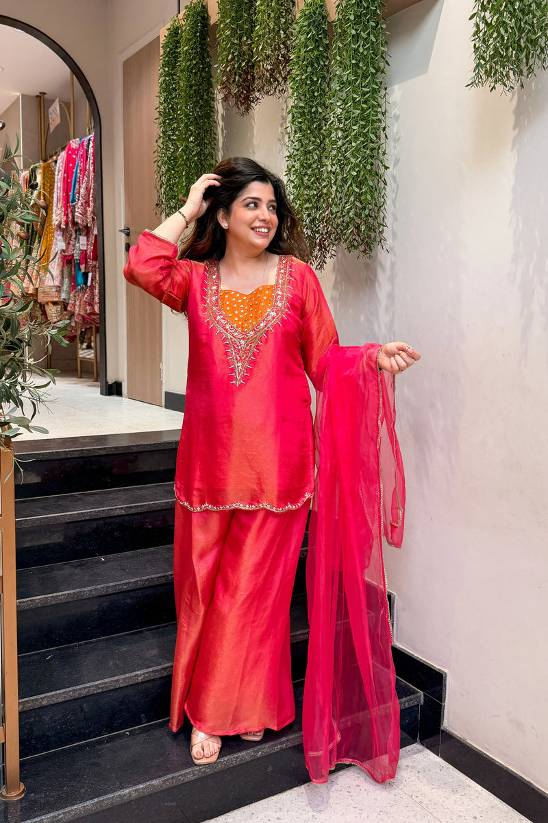 Hot Pink Shimmer Tissue Embroidered Suit Set