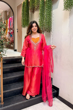 Hot Pink Shimmer Tissue Embroidered Suit Set