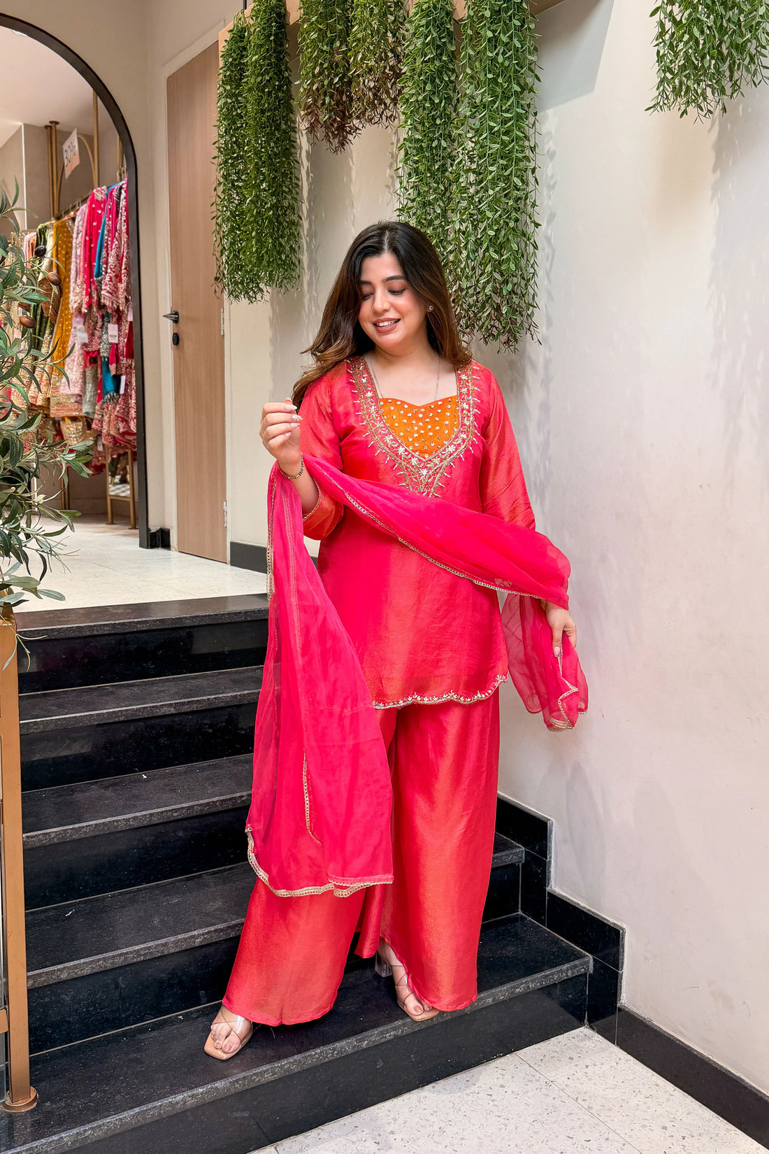 Hot Pink Shimmer Tissue Embroidered Suit Set