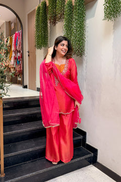 Hot Pink Shimmer Tissue Embroidered Suit Set