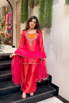 Hot Pink Shimmer Tissue Embroidered Suit Set