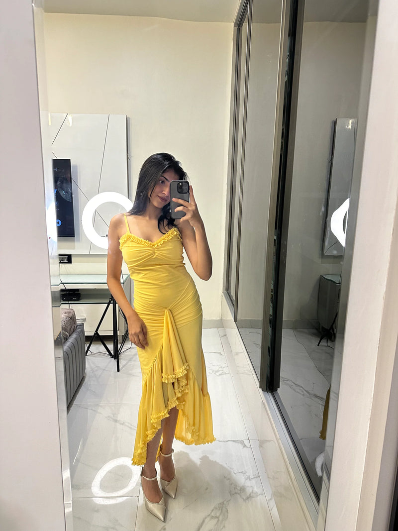 Golden Mesh Lycra Fit-Flare Gown