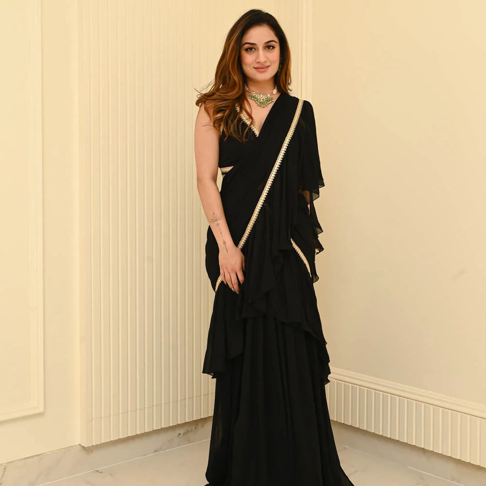 Black Georgette Pre- Draped Saree with Blouse