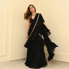 Black Georgette Pre- Draped Saree with Blouse