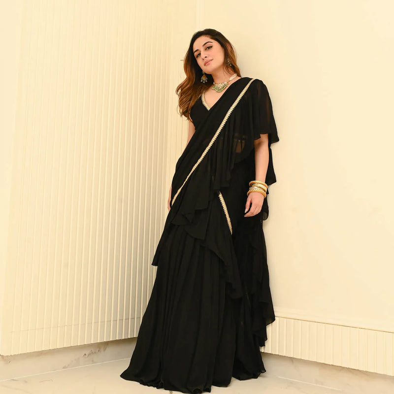 Black Georgette Pre- Draped Saree with Blouse