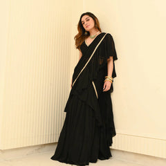 Black Georgette Pre- Draped Saree with Blouse