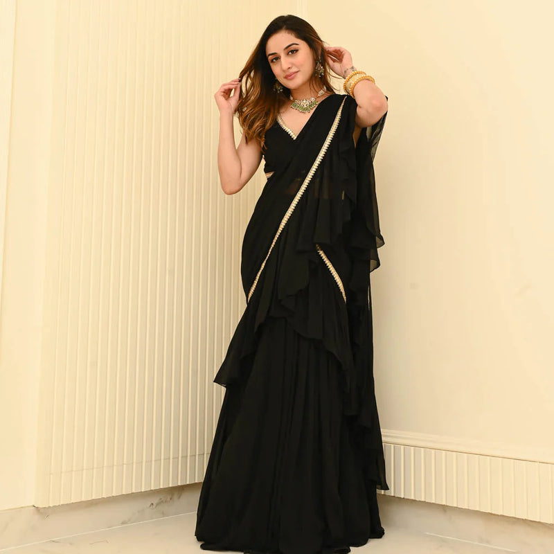 Black Georgette Pre- Draped Saree with Blouse