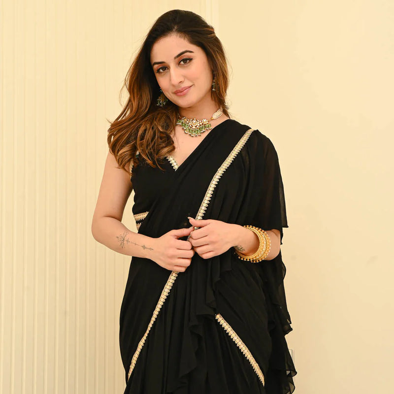 Black Georgette Pre- Draped Saree with Blouse