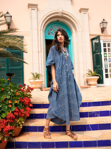 Indigo Stripes Dabu Kaftan Cotton Shirt Dress