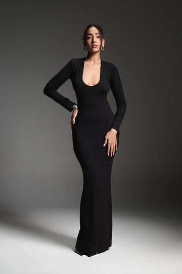 Poised Deep Neckline Long Sleeves Dress