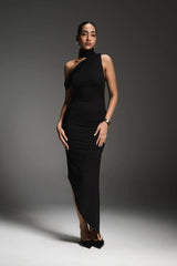 scarf shoulder black dress