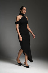 one shoulder formal black midi dress