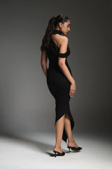 midi length black dress with scarf detail