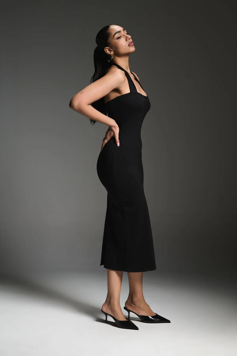 Black halter neck midi dress