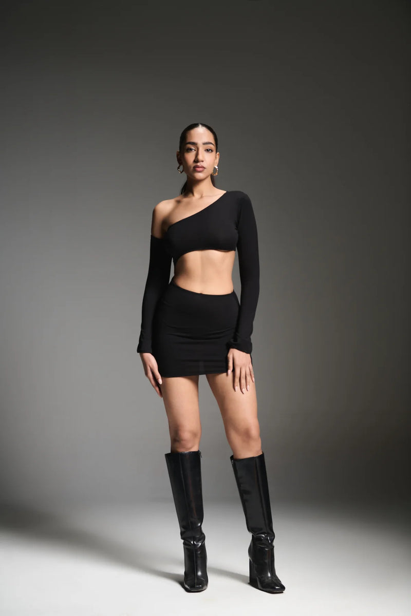 Black Off-Shoulder Waist Cut-Out Dress