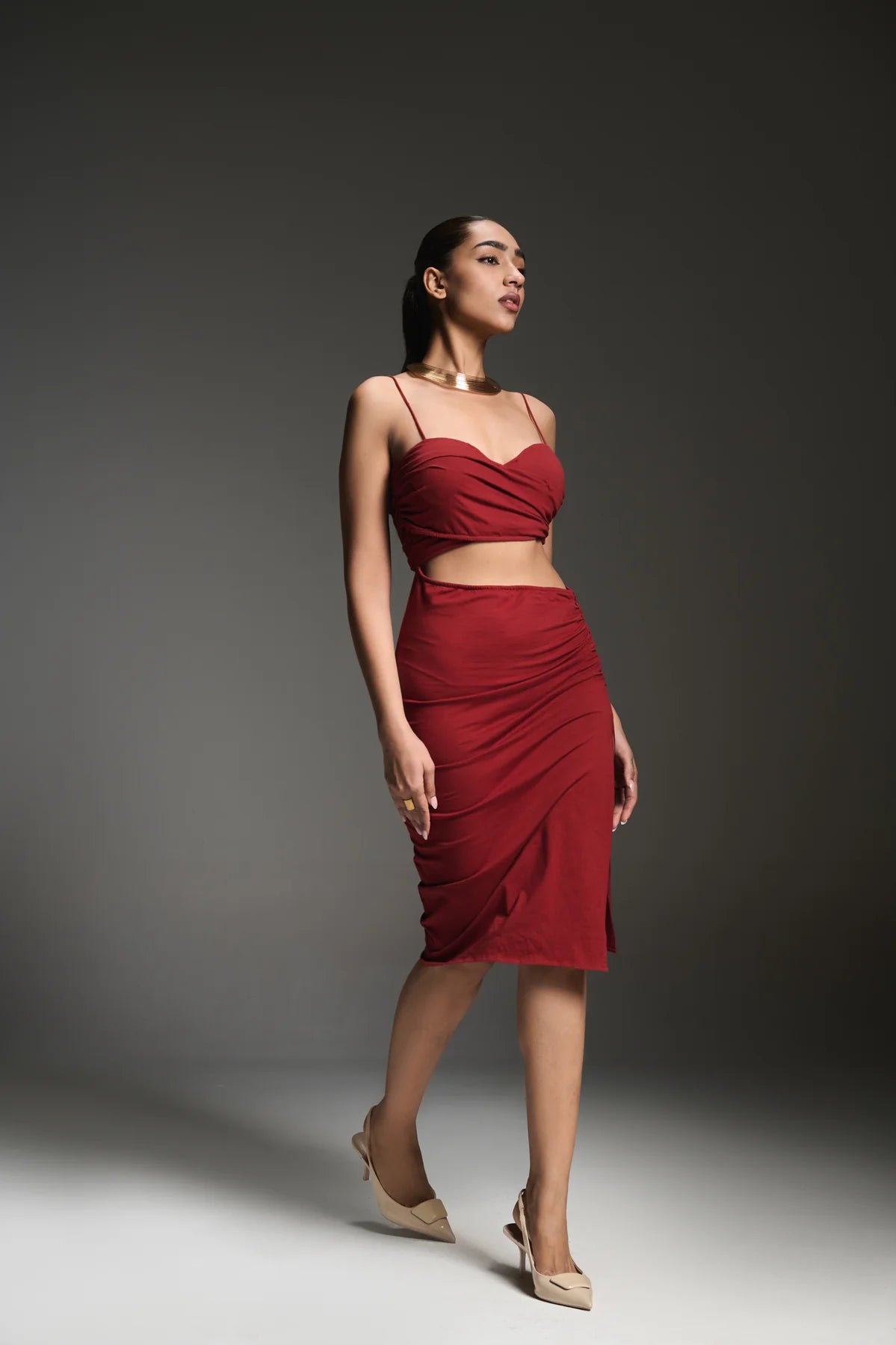 ruched red dress with side slit