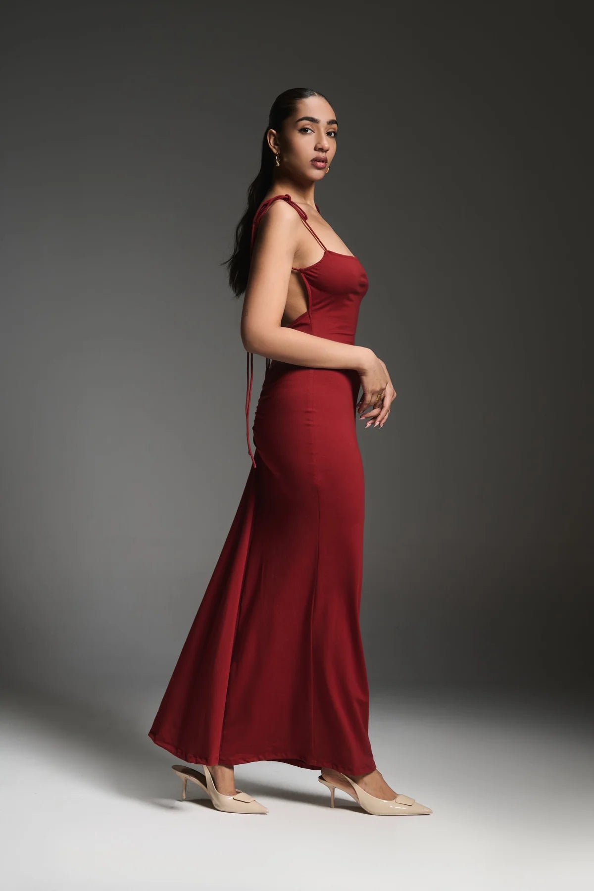 red tie strap slip dress in maxi length