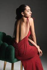 backless red slip dress for evening