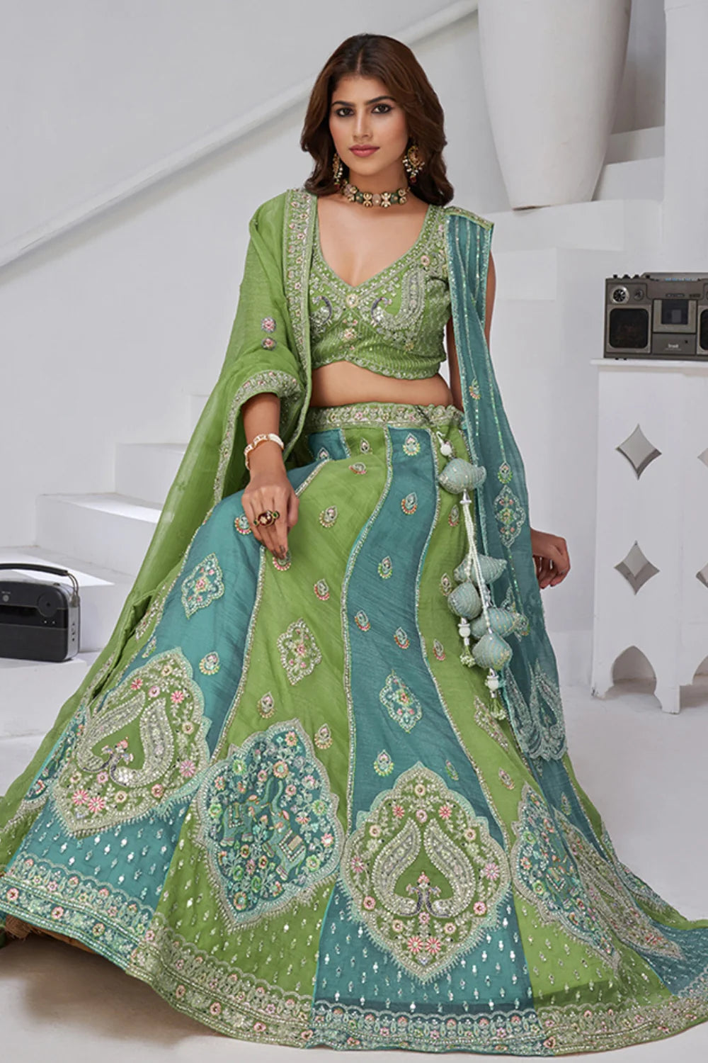 Ivory Georgette Tissue Embroidered Lehenga Choli