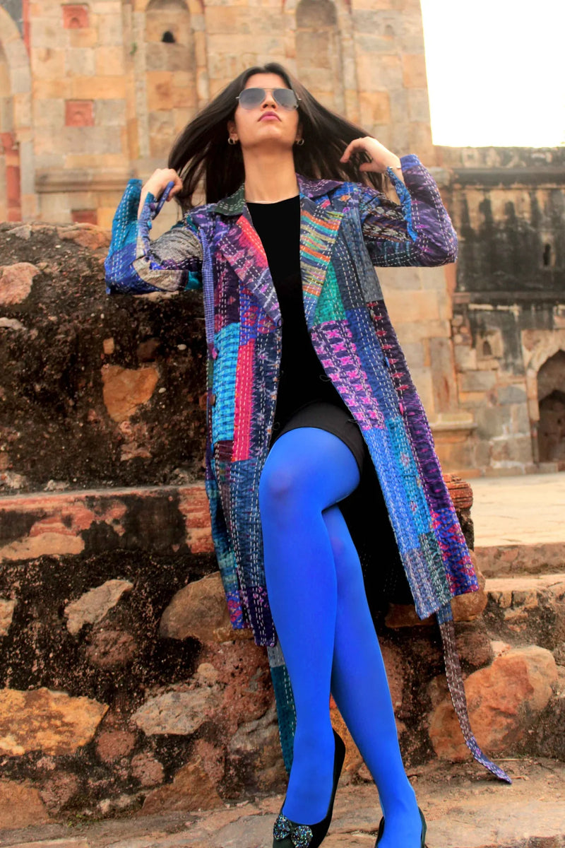 Blue Patola Silk Patchwork Kantha Trench Coat