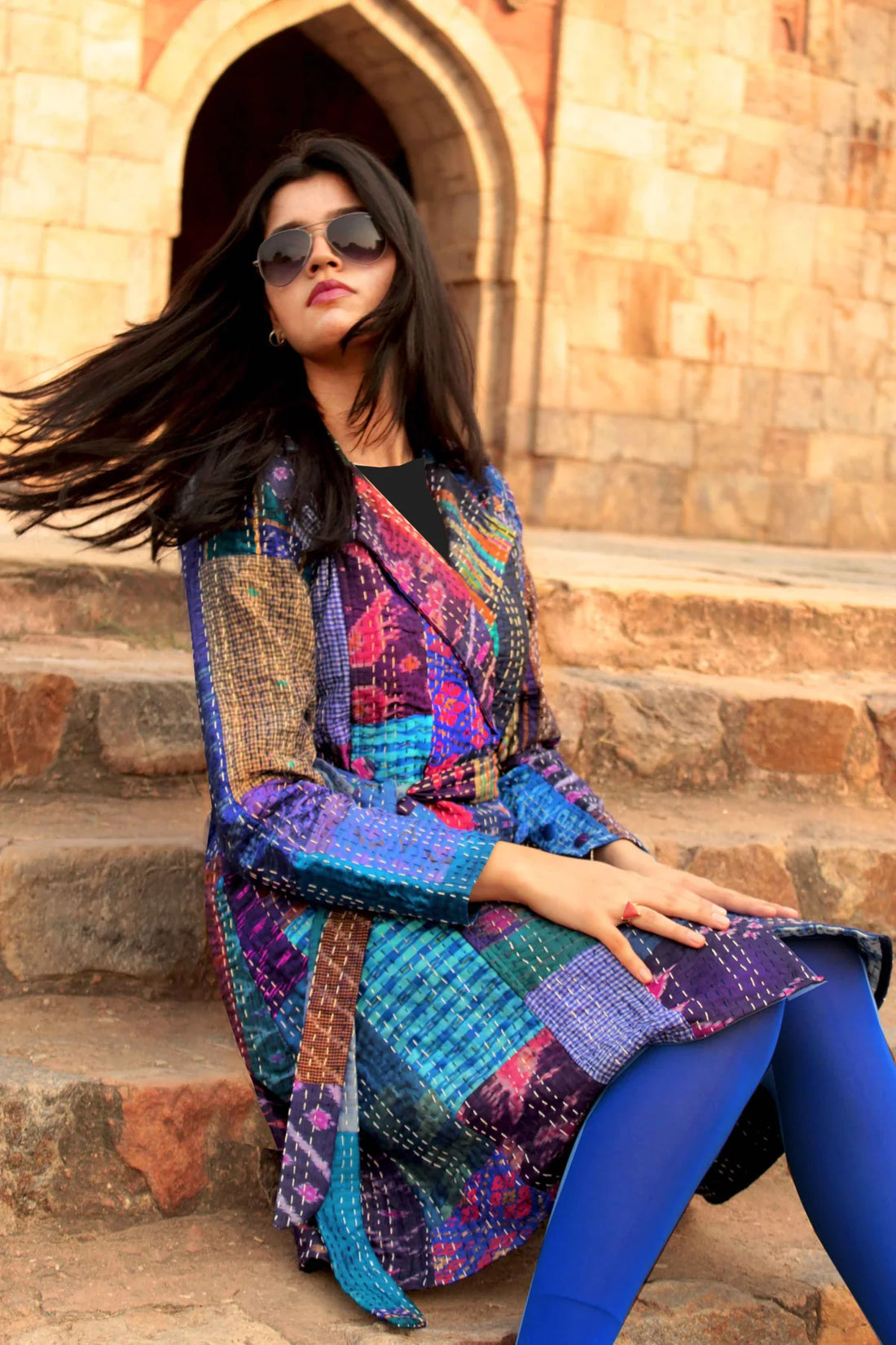 Blue Patola Silk Patchwork Kantha Trench Coat