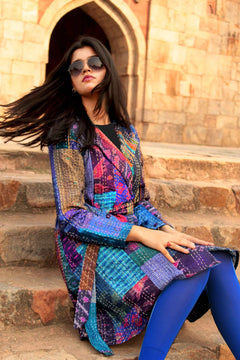 Blue Patola Silk Patchwork Kantha Trench Coat
