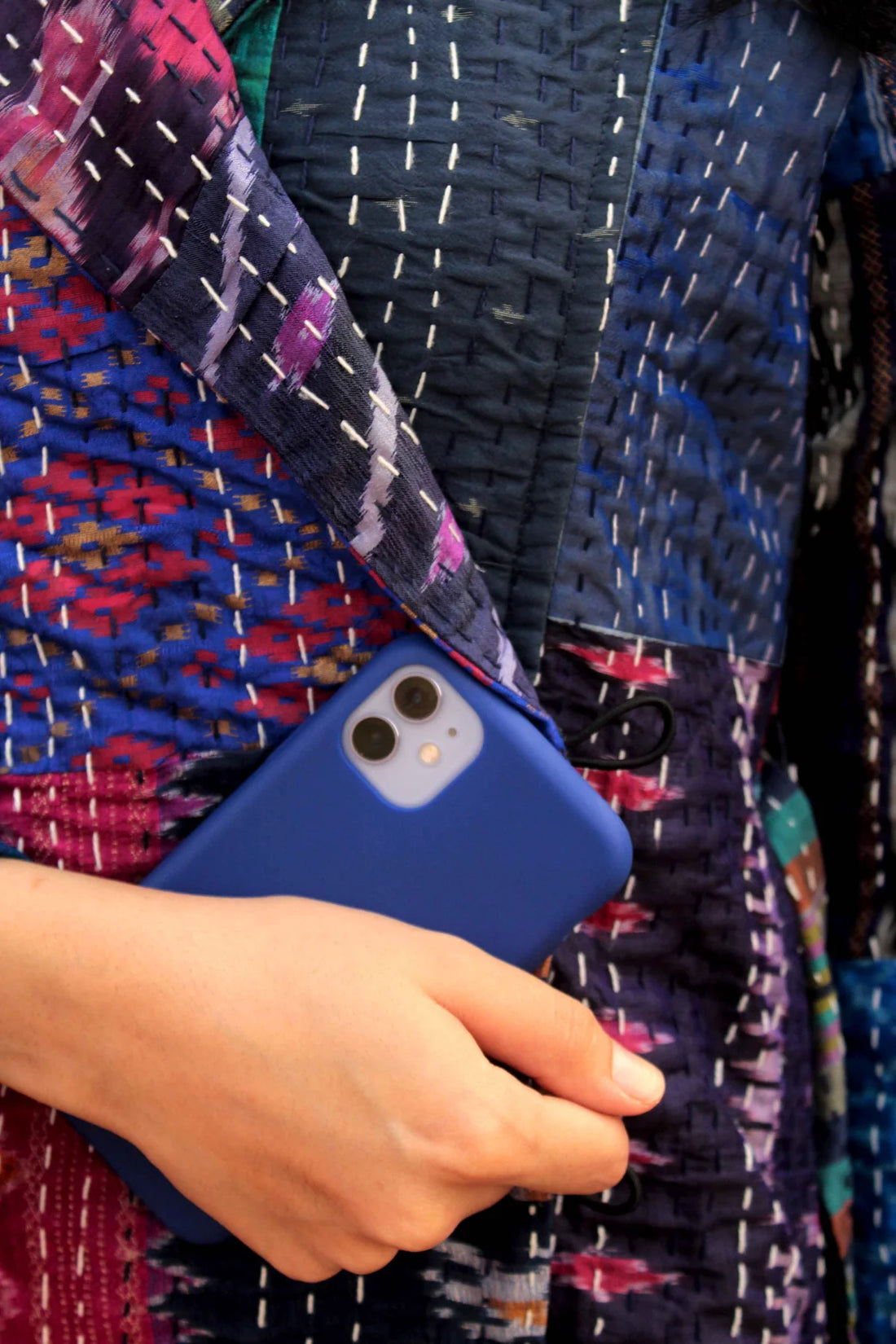 Blue Patola Silk Patchwork Kantha Trench Coat