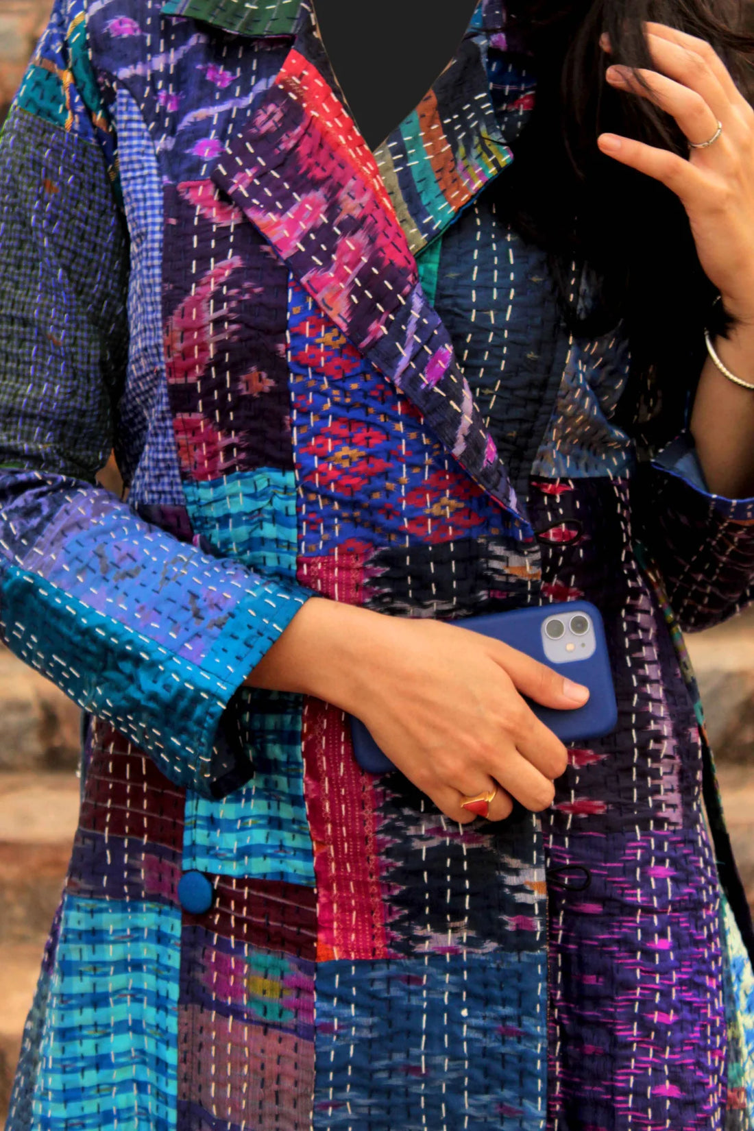 Blue Patola Silk Patchwork Kantha Trench Coat