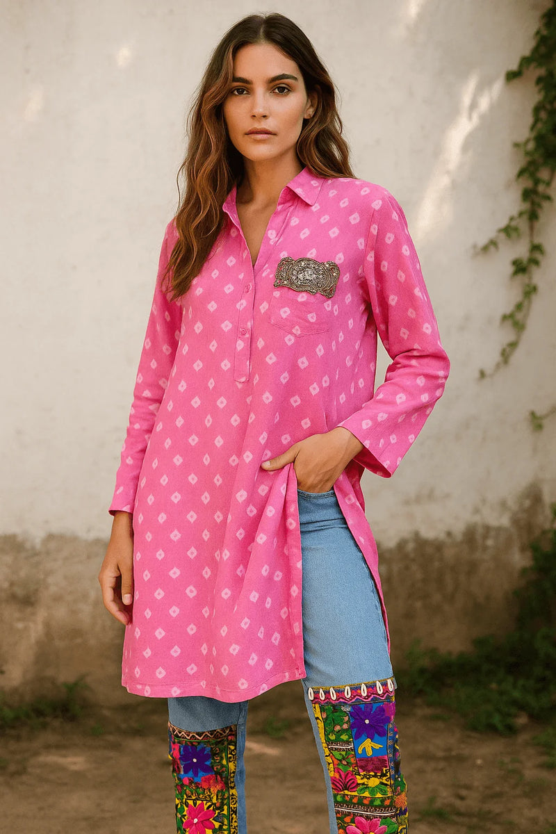 Bandhani Kurta with Jeans Fusion Set
