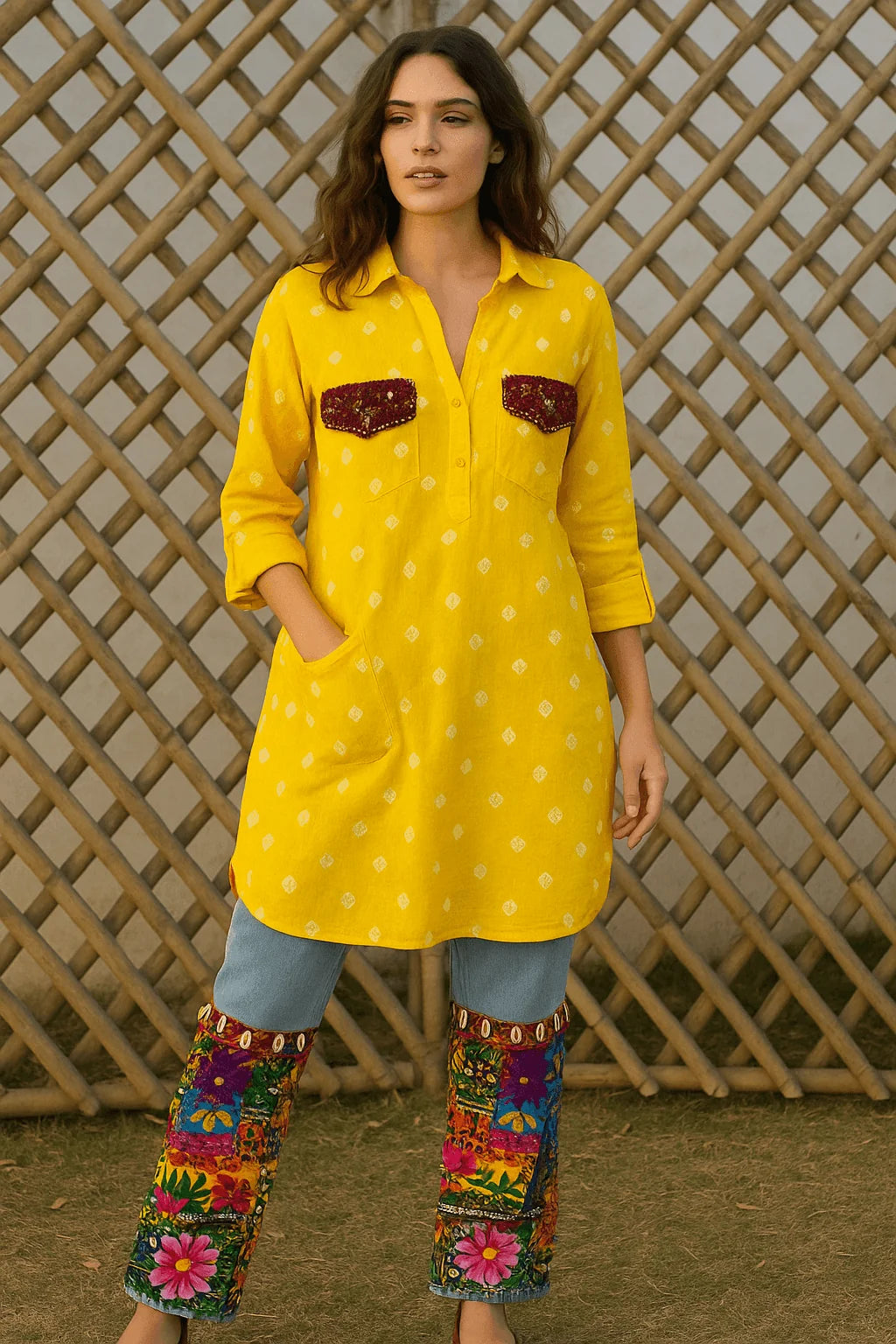 Bandhani Kurta with Jeans Fusion Set