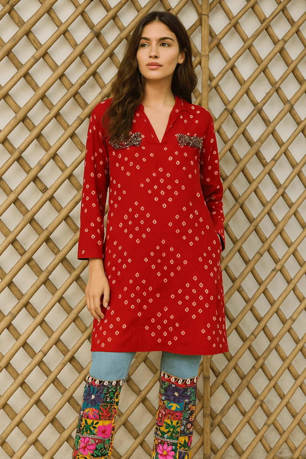Bandhani Kurta with Jeans Fusion Set