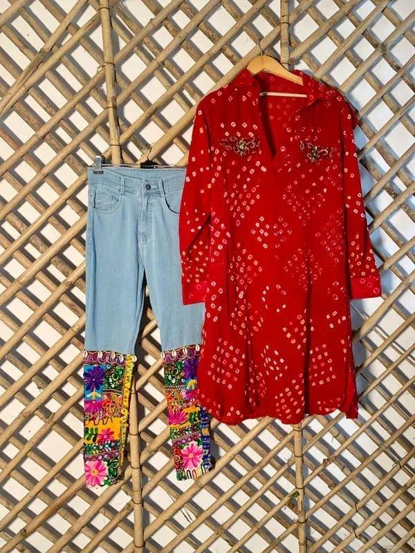 Bandhani Kurta with Jeans Fusion Set