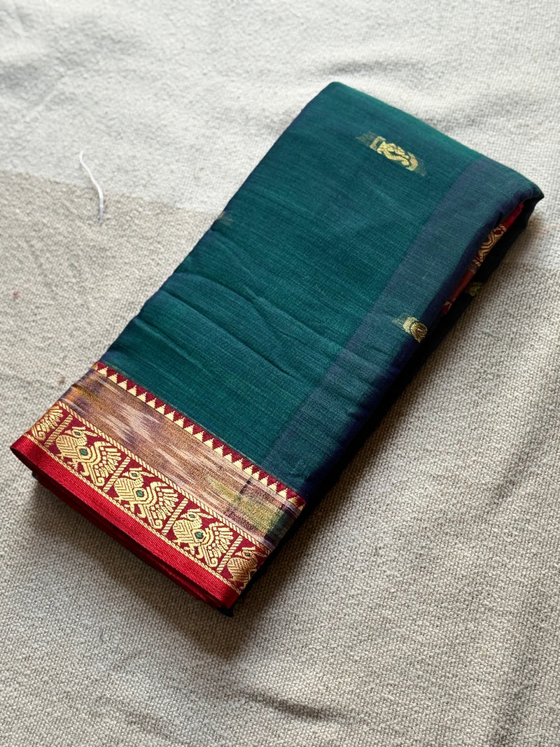 Emerald Heritage Teal Silk Saree with Rich Zari Woven Border
