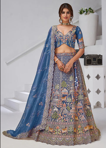 Teal Blue Organza Tissue Bridal Lehenga