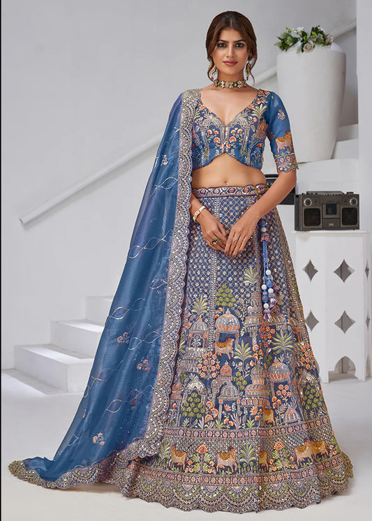 Teal Blue Organza Tissue Bridal Lehenga