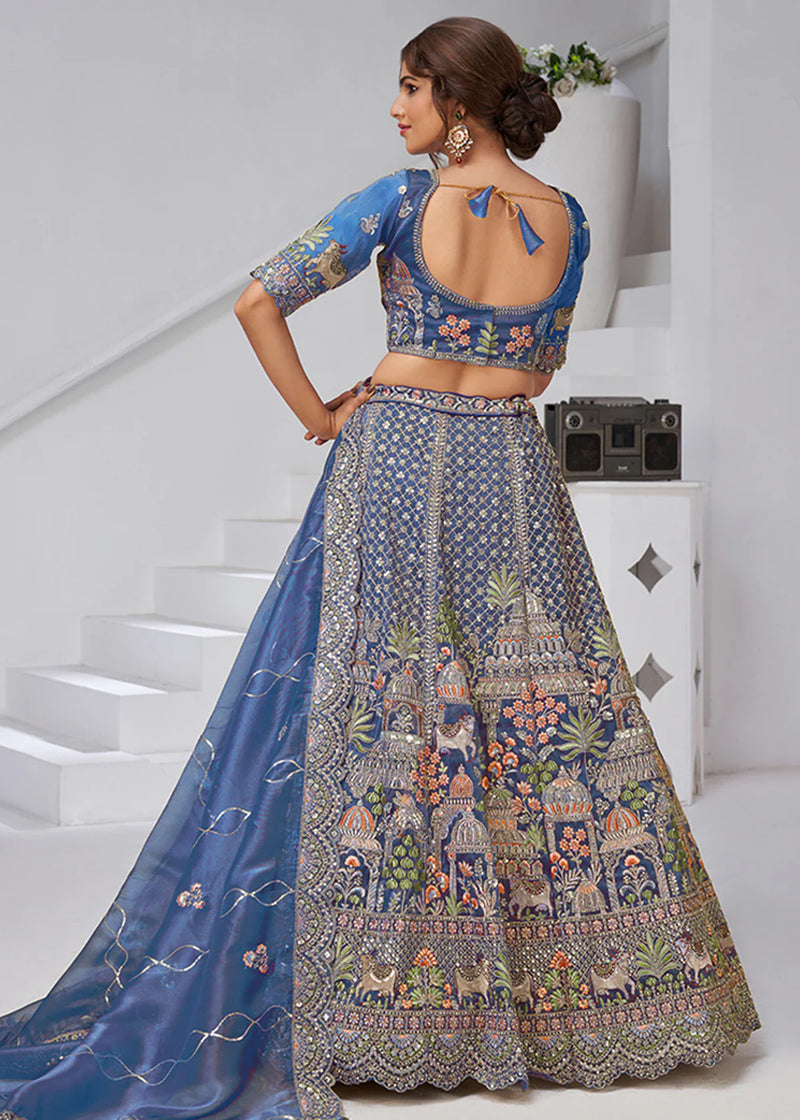 Teal Blue Organza Tissue Bridal Lehenga