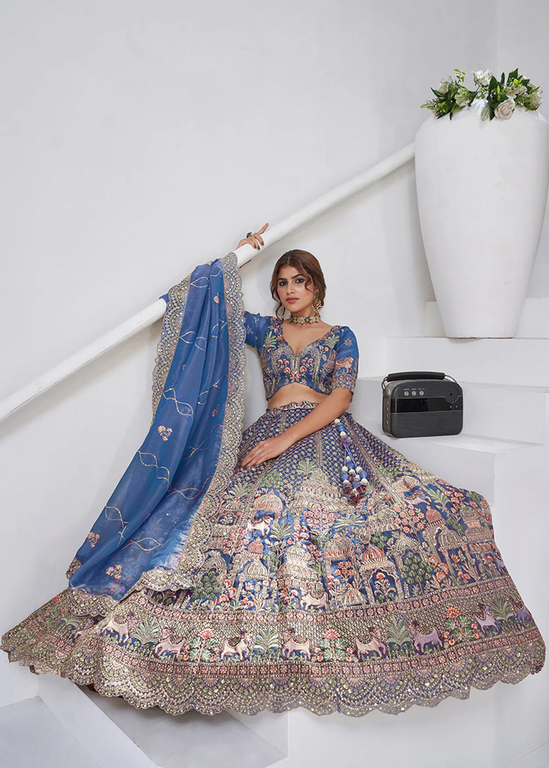 Teal Blue Organza Tissue Bridal Lehenga
