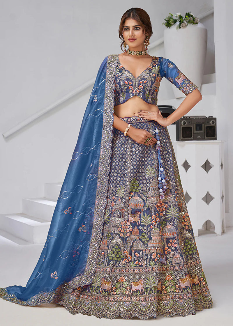Teal Blue Organza Tissue Bridal Lehenga