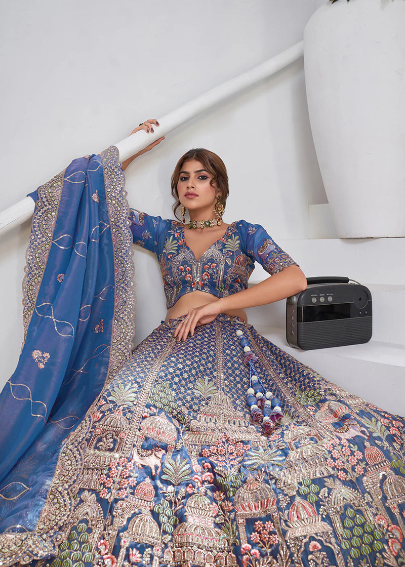 Teal Blue Organza Tissue Bridal Lehenga