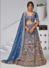 Teal Blue Organza Tissue Bridal Lehenga