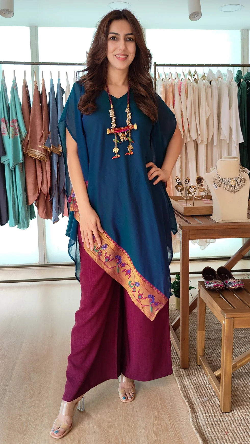 Noir 4 piece Kaftan Coord Set with Camisole & Neckpiece