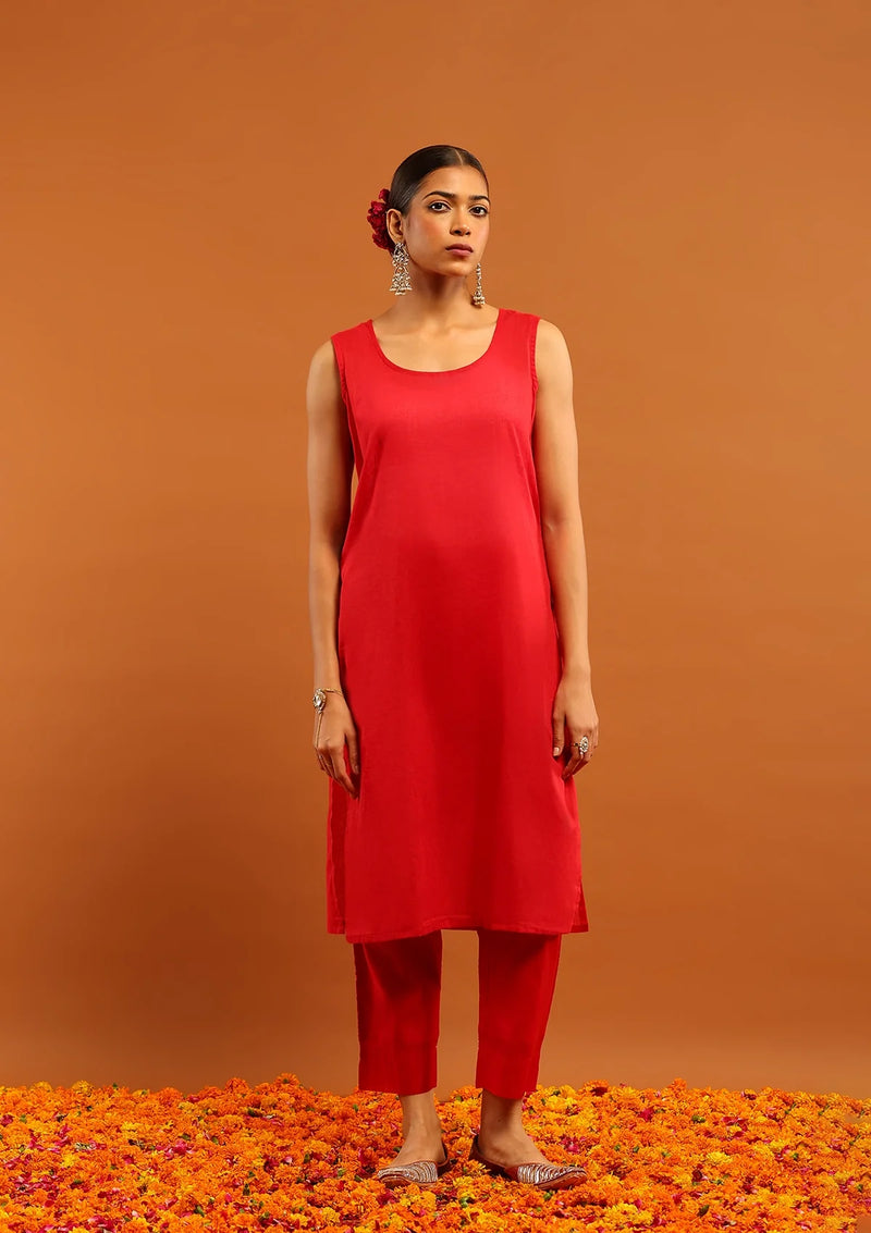 Karisma Red Chanderi Chikankari 4PC Kurta Set